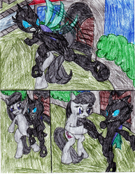 Size: 2549x3299 | Tagged: safe, artist:l9obl, imported from derpibooru, octavia melody, changeling, earth pony, pony, once upon a time in canterlot, angry, badass, bipedal, block, comic, dodge, female, fight, flying kick, high res, kick, male