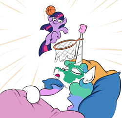 Size: 857x828 | Tagged: safe, artist:jargon scott, imported from derpibooru, princess celestia, twilight sparkle, alicorn, pony, unicorn, basketball, basketball hoop, bed, drool, duo, featured image, female, filly, filly twilight sparkle, get dunked on, hat, horn, horn guard, horn impalement, imminent pain, mare, moments before disaster, mud mask, nightcap, open mouth, pillow, pure unfiltered evil, simple background, slam dunk, sleeping, sports, squatpony, this will end in a trip to the moon, this will end in dunk, this will end in pain, this will end in tears, this will end in tears and/or a journey to the moon, this will end well, this will not end well, twiggie, unicorn twilight, white background, younger