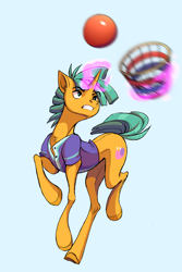 Size: 2181x3268 | Tagged: safe, artist:1an1, imported from derpibooru, snails, pony, unicorn, basket, blue background, buckball, buckball uniform, bushel basket, chest fluff, colored hooves, colt, ear fluff, high res, magic, male, motion blur, simple background, solo, telekinesis