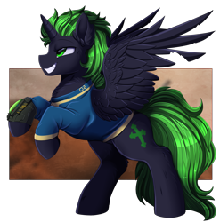 Size: 3309x3350 | Tagged: safe, artist:pridark, imported from derpibooru, oc, oc only, oc:ali, alicorn, pony, alicorn oc, clothes, cutie mark, fallout, grin, high res, horn, male, patreon, patreon reward, pipbuck, smiling, solo, stallion, video game crossover, wings