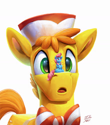 Size: 1500x1701 | Tagged: safe, artist:tsitra360, imported from derpibooru, carrot cake, cup cake, earth pony, pony, cross-eyed, duo, female, freckles, giant pony, husband and wife, macro, male, mare, micro, open mouth, simple background, size difference, stallion, white background