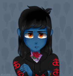 Size: 2251x2335 | Tagged: safe, artist:mariattie, imported from derpibooru, equestria girls, abstract background, bring me the horizon, bust, clothes, commission, drop dead clothing, equestria girls-ified, frown, high res, hoodie, lip piercing, looking at you, male, oliver sykes, piercing, shirt, solo, tattoo, undershirt, ych result