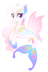 Size: 2346x3492 | Tagged: safe, artist:themajesticeye, imported from derpibooru, oc, oc only, seapony (g4), adoptable, auction, blue tail, dorsal fin, eyelashes, female, fin wings, fish tail, flowing mane, flowing tail, high res, jewelry, looking at you, pink mane, regalia, simple background, smiling, solo, tail, white background, wings