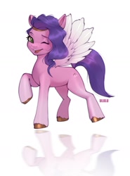 Size: 1492x2021 | Tagged: safe, artist:u_lu_lu, imported from derpibooru, pipp petals, pegasus, pony, adorapipp, cute, feather, female, g5, looking at you, mare, one eye closed, open mouth, raised hoof, reflection, simple background, solo, unshorn fetlocks, white background