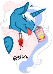 Size: 271x379 | Tagged: safe, artist:kitkatbug1, imported from derpibooru, oc, oc:fleurbelle, alicorn, alicorn oc, bow, clothes, female, food, hair bow, holding, hoodie, horn, mare, soda, soda can, strawberry, tongue out, wings