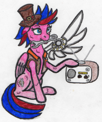 Size: 461x555 | Tagged: safe, artist:superdwarf3000, imported from derpibooru, oc, oc only, pony, amputee, artificial wings, augmented, hat, prosthetic limb, prosthetic wing, prosthetics, radio, solo, steampunk, top hat, wings, wrench