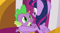 Size: 1920x1080 | Tagged: safe, imported from derpibooru, screencap, spike, twilight sparkle, alicorn, dragon, pony, season 9, the ending of the end, spoiler:s09, crying, duo, female, hug, male, mare, pencil, tears of joy, twilight sparkle (alicorn), winged spike, wings