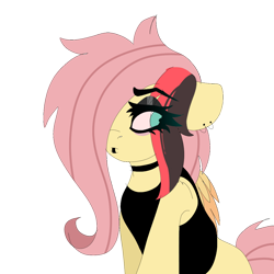 Size: 1280x1280 | Tagged: safe, artist:moodi, imported from derpibooru, fluttershy, pegasus, pony, bloodshot eyes, choker, chokershy, dyed mane, eyeshadow, fluttergoth, goth, looking back, makeup, piercing, simple background, solo, transparent background
