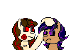 Size: 600x420 | Tagged: safe, artist:nukepony360, imported from derpibooru, oc, oc only, oc:nightglow, oc:vocal pitch, android, pony, robot, animated, biting, female, pixel art, screaming, siblings, simple background, sisters, transparent background