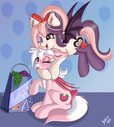 Size: 4532x5004 | Tagged: safe, artist:sethisto, imported from derpibooru, oc, oc:cream puff, oc:sweet velvet, bat pony, birthday, bow, clothes, food, fruit, grapes, herbivore, hug, simple background, socks