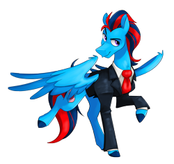Size: 3328x3140 | Tagged: safe, artist:luximus17, imported from derpibooru, oc, oc only, oc:andrew swiftwing, pegasus, clothes, high res, male, necktie, pose, smiling, smirk, spread wings, stallion, suit, wings