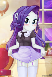 Size: 842x1246 | Tagged: safe, artist:charliexe, imported from derpibooru, rarity, equestria girls, blushing, clothes, cute, dress, eyeshadow, female, garter straps, looking at you, maid, makeup, raribetes, skirt, socks, solo, stockings, thigh highs