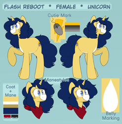 Size: 2600x2636 | Tagged: safe, artist:2k.bugbytes, imported from ponybooru, oc, oc only, oc:flash reboot, pony, unicorn, alternate hairstyle, bandana, raised hoof, raised leg, reference sheet, simple background, solo, text