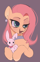 Size: 1314x2048 | Tagged: safe, artist:draw__3, edit, imported from twibooru, angel bunny, fluttershy, pegasus, pony, rabbit, animal, bust, chest fluff, choker, collar, ear piercing, earring, female, gray background, image, jewelry, lidded eyes, mare, open mouth, piercing, png, simple background, smiling