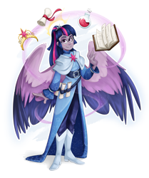 Size: 3041x3636 | Tagged: safe, artist:luximus17, imported from derpibooru, twilight sparkle, aasimar, alicorn, human, aasimarified, big crown thingy, book, dungeons and dragons, element of magic, female, flask, glasses, high res, humanized, jewelry, levitation, magic, pen and paper rpg, potion, regalia, rpg, scroll, solo, telekinesis, twilight sparkle (alicorn), winged humanization, wings, wizard