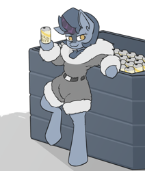 Size: 3508x4134 | Tagged: safe, artist:sneetymist, imported from derpibooru, oc, oc only, oc:winter peak, kirin, alcohol, beer, beer can, belt, bipedal, bipedal leaning, clothes, crate, drink, female, fluffy, fur coat, fur collar, jacket, kirin beer, leaning, looking at you, no pupils, no tail, parka, simple background, smiling, smirk, solo, uniform, winter outfit