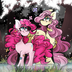 Size: 2500x2500 | Tagged: safe, artist:its_sunsetdraws, imported from derpibooru, fluttershy, pinkie pie, butterfly, earth pony, pegasus, friendship is magic, reflections, spoiler:comic, bandaid, confetti, cutie mark, digital art, fanart, forest, forest background, high res, long mane, poofy mane, reflection, reflective floor, tree, water