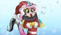 Size: 700x400 | Tagged: safe, artist:pizza lord, imported from derpibooru, oc, oc:ulysses, draconequus, hybrid, caroling, christmas, clothes, hat, hearts warming day, holiday, interspecies offspring, music notes, offspring, parent:discord, parent:fluttershy, parents:discoshy, santa hat, singing, winter, winter outfit, young