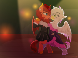 Size: 1600x1200 | Tagged: safe, artist:willoillo, imported from derpibooru, oc, oc only, griffon, kirin, pony, clothes, commission, dancing, dress, griffon oc, kirin oc, looking at each other, romantic