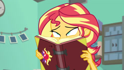 Size: 3410x1920 | Tagged: safe, imported from derpibooru, screencap, sunset shimmer, equestria girls, equestria girls series, forgotten friendship, book, faic, female, lidded eyes, out of context, solo