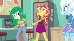 Size: 3410x1920 | Tagged: safe, imported from derpibooru, screencap, sunset shimmer, trixie, wallflower blush, equestria girls, equestria girls series, forgotten friendship, clothes, female, geode of empathy, hairpin, holding hands, hoodie, jacket, jewelry, leather, leather jacket, magical geodes, necklace, open mouth