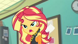 Size: 3410x1920 | Tagged: safe, imported from derpibooru, screencap, sunset shimmer, equestria girls, equestria girls series, forgotten friendship, clothes, cutie mark, cutie mark on clothes, female, geode of empathy, jacket, jewelry, leather, leather jacket, looking at you, magical geodes, necklace, open mouth, solo