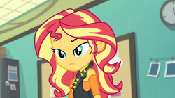 Size: 3410x1920 | Tagged: safe, imported from derpibooru, screencap, sunset shimmer, equestria girls, equestria girls series, forgotten friendship, clothes, cutie mark, cutie mark on clothes, female, geode of empathy, jacket, jewelry, leather, leather jacket, magical geodes, necklace, solo