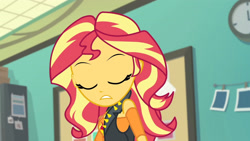 Size: 3410x1920 | Tagged: safe, imported from derpibooru, screencap, sunset shimmer, equestria girls, equestria girls series, forgotten friendship, clothes, cutie mark, cutie mark on clothes, eyes closed, female, geode of empathy, jacket, jewelry, leather, leather jacket, magical geodes, necklace, solo