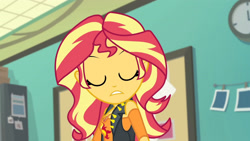 Size: 3410x1920 | Tagged: safe, imported from derpibooru, screencap, sunset shimmer, equestria girls, equestria girls series, forgotten friendship, clothes, cutie mark, cutie mark on clothes, eyes closed, female, geode of empathy, jacket, jewelry, leather, leather jacket, magical geodes, necklace, solo