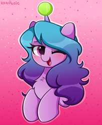 Size: 3752x4624 | Tagged: safe, artist:kittyrosie, imported from derpibooru, izzy moonbow, twilight sparkle, pony, unicorn, ball, blushing, chest fluff, cute, female, g5, horn, horn impalement, hornball, izzy's tennis ball, izzybetes, mare, one eye closed, open mouth, open smile, smiling, solo, tennis ball, unicorn twilight, wink