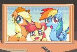 Size: 600x408 | Tagged: safe, artist:tyuubatu, imported from derpibooru, apple bloom, applejack, rainbow dash, earth pony, pegasus, pony, animated, art of fighting, broken, female, filly, mare, picture frame, pixel art