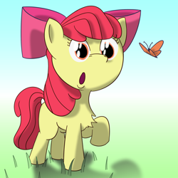 Size: 2000x2000 | Tagged: safe, artist:ricechexwithmilk, imported from derpibooru, apple bloom, butterfly, earth pony, pony, :o, chest fluff, female, filly, high res, newbie artist training grounds, open mouth, raised hoof, solo