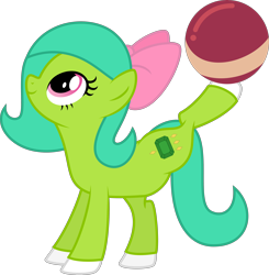 Size: 4000x4085 | Tagged: safe, artist:melisareb, imported from derpibooru, oc, oc only, oc:emerald joy, earth pony, pony, absurd resolution, ball, bow, female, looking up, mare, side view, simple background, solo, transparent background, vector