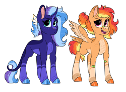 Size: 2178x1582 | Tagged: safe, artist:moccabliss, imported from derpibooru, oc, oc:opal dusk, oc:phoenix blaze, pegasus, pony, unicorn, curved horn, female, horn, leonine tail, magical lesbian spawn, offspring, parent:rainbow dash, parent:sunset shimmer, parents:sunsetdash, teenager