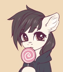 Size: 574x651 | Tagged: safe, artist:inowiseei, imported from derpibooru, pony, candy, clothes, ear fluff, food, hoodie, lollipop, solo