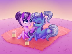 Size: 2048x1536 | Tagged: safe, artist:cloudberry_mess, imported from derpibooru, starlight glimmer, trixie, pony, unicorn, alternate hairstyle, curved horn, female, glass, horn, lesbian, picnic blanket, ponytail, shipping, startrix, straw