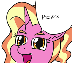Size: 632x553 | Tagged: safe, artist:jargon scott, imported from derpibooru, luster dawn, pony, unicorn, bust, close-up, female, mare, poggers, simple background, speech bubble, white background