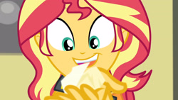 Size: 3410x1920 | Tagged: safe, imported from derpibooru, screencap, sunset shimmer, equestria girls, equestria girls series, forgotten friendship, clothes, cute, female, jacket, leather, leather jacket, open mouth, paper, shimmerbetes, smiling, solo