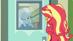 Size: 3410x1920 | Tagged: safe, imported from derpibooru, screencap, sunset shimmer, trixie, equestria girls, equestria girls series, forgotten friendship, clothes, cute, diatrixes, duo, duo female, female, hairpin, hoodie, jacket, leather, leather jacket, one eye closed