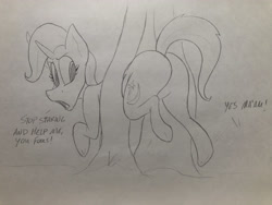Size: 4032x3024 | Tagged: safe, artist:dynamo1940, imported from derpibooru, trixie, pony, unicorn, butt, buttstuck, dialogue, female, implied snails, implied snips, large butt, looking back, mare, monochrome, offscreen character, open mouth, pencil drawing, plot, solo, stuck, stuck between trees, the great and powerful ass, traditional art