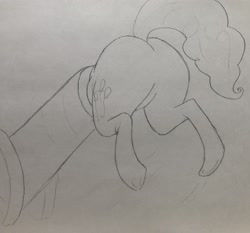 Size: 3050x2848 | Tagged: safe, artist:dynamo1940, imported from derpibooru, pinkie pie, earth pony, pony, balloonbutt, butt, buttstuck, featureless crotch, female, high res, large butt, mare, monochrome, party cannon, pencil drawing, plot, solo, stuck, traditional art, underhoof
