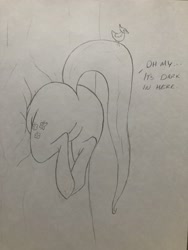 Size: 3024x4032 | Tagged: safe, artist:dynamo1940, imported from derpibooru, fluttershy, bird, pegasus, pony, butt, buttstuck, dialogue, female, flutterbutt, large butt, mare, monochrome, pencil drawing, plump, solo, stuck, stuck between trees, the ass was fat, too fat to fit, traditional art, tree