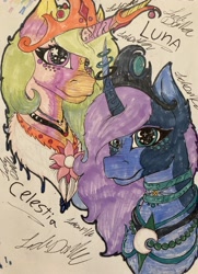 Size: 2925x4029 | Tagged: safe, artist:yayeet12369, imported from derpibooru, princess celestia, princess luna, alicorn, pony, bust, female, horn, horn jewelry, jewelry, mare, royal sisters, siblings, sisters, traditional art