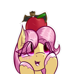 Size: 1600x1600 | Tagged: safe, artist:magician-horse, imported from derpibooru, fluttershy, bat, bat pony, pony, apple, bat ponified, bust, butterscotch, cute, eye clipping through hair, fangs, flutterbat, food, male, race swap, rule 63, shyabetes, simple background, solo, stallion, transparent background, white background