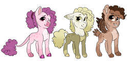 Size: 3081x1475 | Tagged: safe, artist:moccabliss, imported from derpibooru, oc, oc only, oc:rocky road, oc:strawberry shake, oc:vanilla bean, hippogriff, hybrid, fledgeling, interspecies offspring, leonine tail, magical lesbian spawn, offspring, parent:gilda, parent:pinkie pie, parents:gildapie, simple background, transgender, transparent background