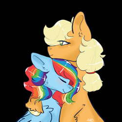 Size: 1280x1280 | Tagged: safe, artist:a-x-o, imported from derpibooru, applejack, rainbow dash, earth pony, pegasus, pony, appledash, black background, female, floppy ears, height difference, lesbian, mare, shipping, simple background