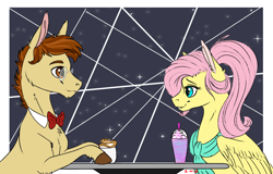 Size: 1426x912 | Tagged: safe, artist:eperyton, imported from derpibooru, fluttershy, oc, earth pony, pegasus, pony, bowtie, canon x oc, clothes, coffee, earth pony oc, female, food, glasses, latte, looking at each other, male, milkshake, scarf, shipping, smiling, straight, unicorn frappuccino, wings