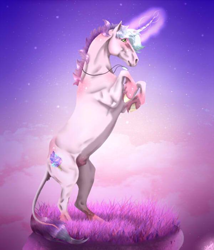 Size: 600x700 | Tagged: safe, artist:eperyton, imported from derpibooru, oc, oc only, pony, unicorn, floating island, glowing horn, horn, jewelry, leonine tail, necklace, outdoors, rearing, solo, unicorn oc