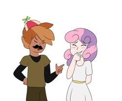 Size: 1800x1500 | Tagged: safe, artist:marimey, imported from derpibooru, button mash, sweetie belle, human, blushing, dark skin, fake moustache, female, humanized, laughing, male, shipping, simple background, straight, sweetiemash, the stache, white background