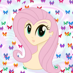 Size: 1440x1440 | Tagged: safe, artist:sarastudly, imported from derpibooru, fluttershy, human, abstract background, bust, ear piercing, eyelashes, female, humanized, piercing, solo